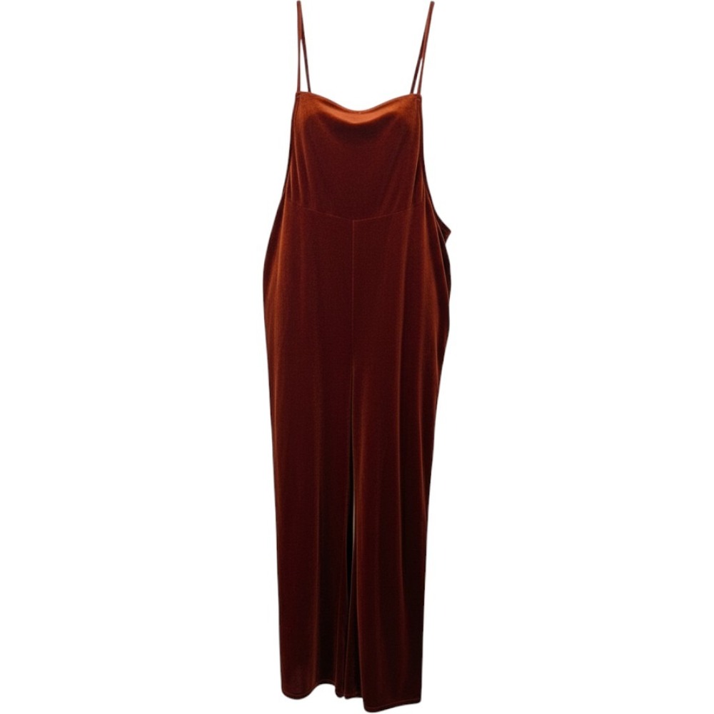 Easel Jumpsuit Women Large Rust Orange Velvet Spaghetti Strap Wide Leg Fall Boho